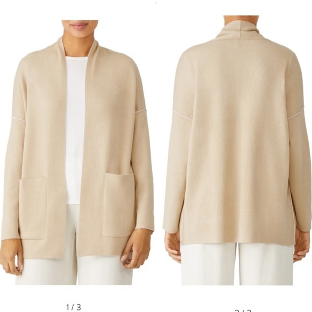 Eileen Fisher Tan Boxy Organic Cotton Blend Open Front Cardigan
